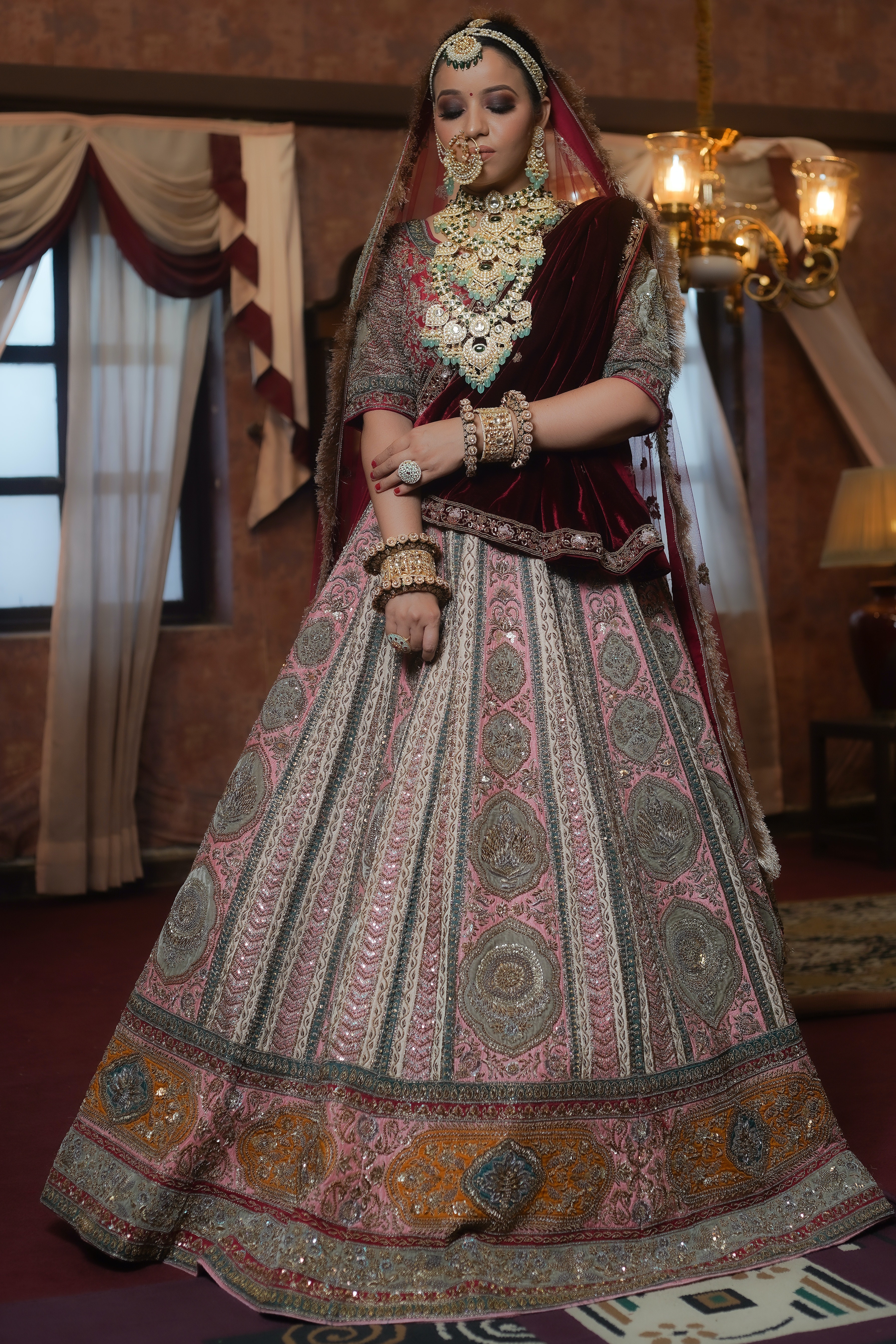 Maroon,Dark Beige Velvet Bridal Lehenga Choli | Golden bridal lehenga,  Lehenga style saree, Bridal wear